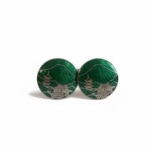 Vintage Mount Fuji Earrings - Green Enamel Japanese Pagoda Scene Screw Back